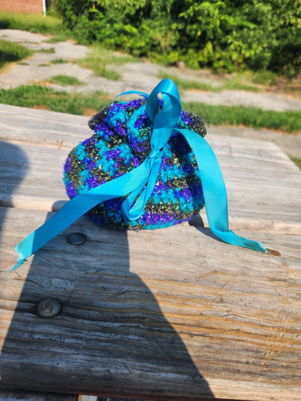 Handmade Multicolor Crochet Pouch with Turquoise Ribbon